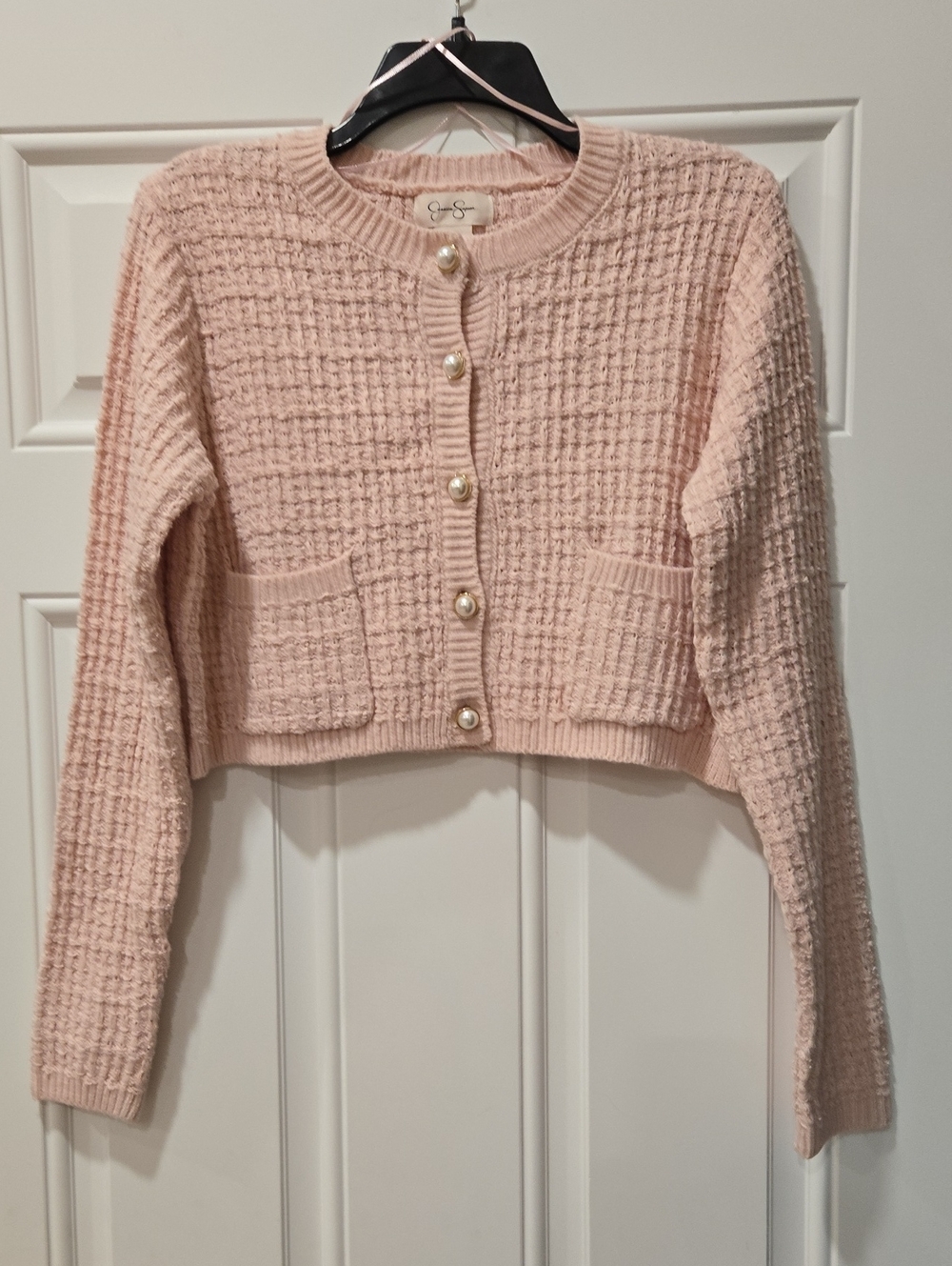 Jessica Simpson Blush Pink Cropped Pearl-Button Cardigan